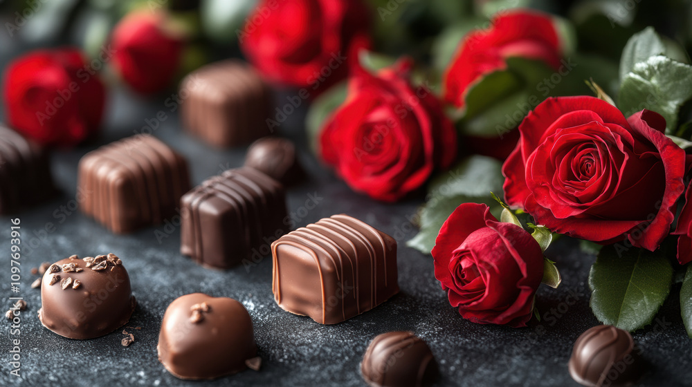 Red roses and chocolates create classic romantic setting