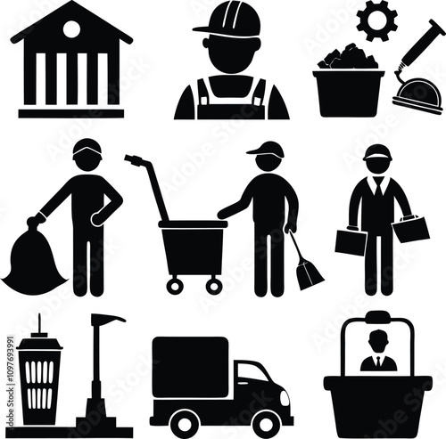 Black and White Icon Set: Public Service Workers, Construction, Sanitation, Delivery, and Government Building Vector Graphics