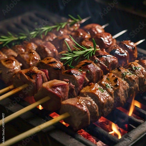 Grilled skewers of meat with rosemary on a barbecue photo