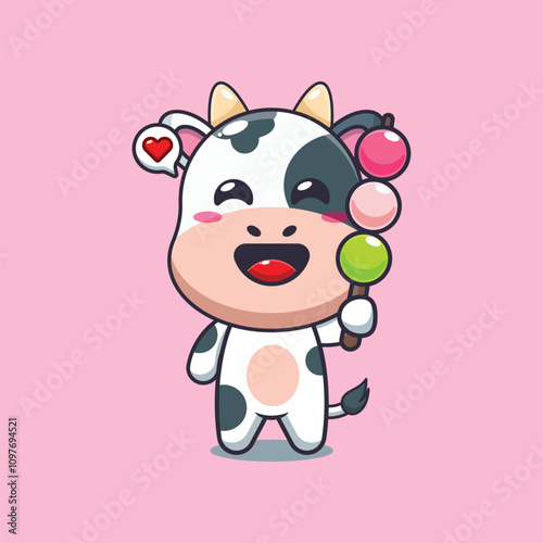 Cute cow eating dango cartoon vector illustration