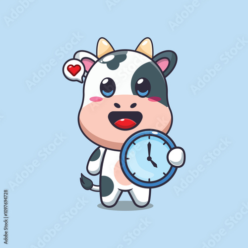 Cute cow with clock cartoon vector illustration