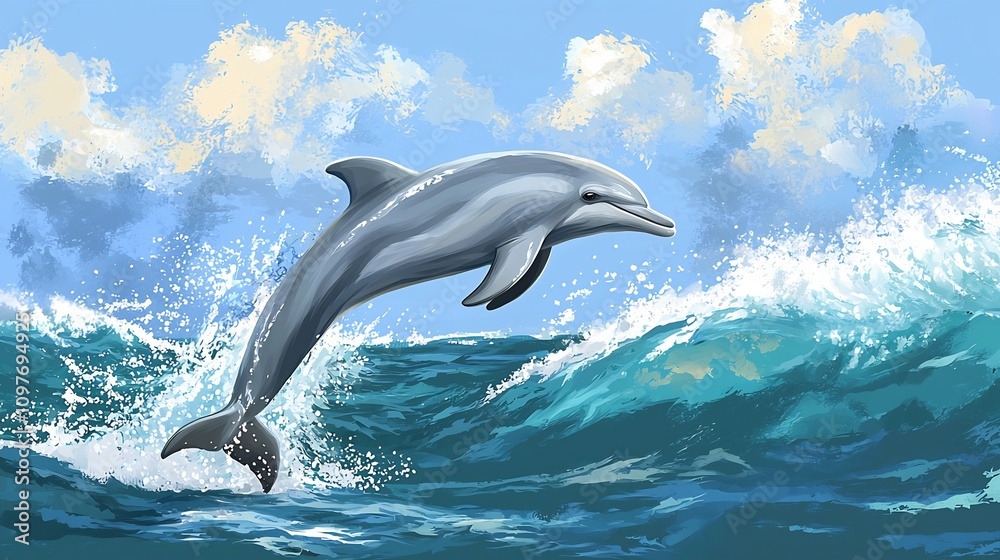 Energetic Dolphin Jumping Out of Ocean Waves With Splashes of Water Against Cloudy Sky Background Aquatic Animal in Motion Energetic Dolphin Jumping Out of Ocean Waves With Splashes of Water Against Cloudy Sky Background Aquatic Animal in Motion