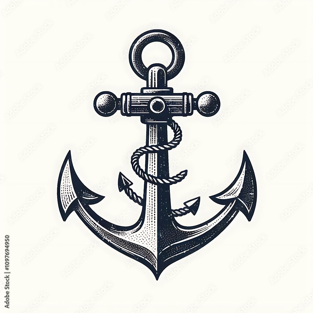 Detailed illustration of a classic anchor, showing intricate design elements, including a coiled rope, a textured appearance, and a strong silhouette.. Detailed illustration of a classic anchor, showing intricate design elements, including a coiled rope, a textured appearance, and a strong silhouette..