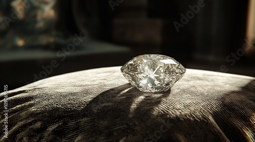 Exquisitely crafted diamond ring its facets sparkling and radiating brilliance displayed on a luxurious plush velvet cushion  This opulent and grandiose scene exudes a sense of extravagance glamour photo