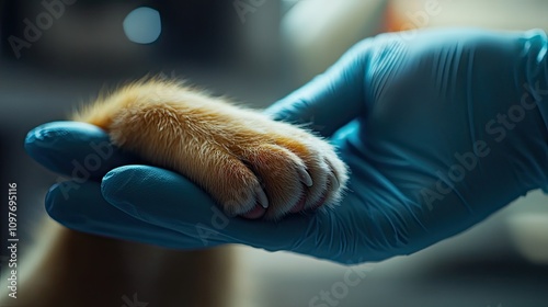 Close-up of a veterinarian's gloved hand gently holding a cat's paw, symbolizing care and compassion. photo