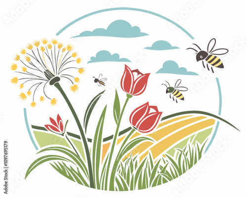 Delicate spring flowers bloom amidst fresh green grass