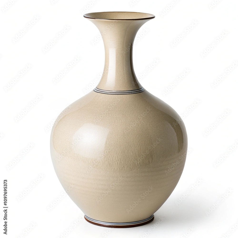 Close-up shot of an empty ceramic vase in a modern style. A beige vase with a narrow neck is isolated on a white background. Close-up shot of an empty ceramic vase in a modern style. A beige vase with a narrow neck is isolated on a white background.