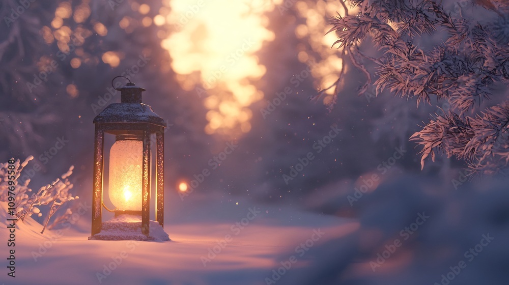 Glowing Lantern Casting Warm Light in Snowy Winter Forest Under Soft Twilight Sky with Moody Atmospheric Ambiance Glowing Lantern Casting Warm Light in Snowy Winter Forest Under Soft Twilight Sky with Moody Atmospheric Ambiance