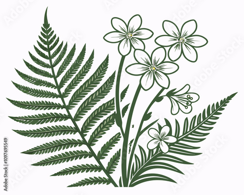 Vector illustration showing a plant and a detailed fern leaf