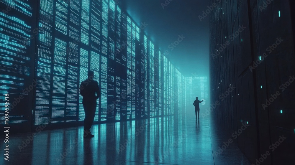 Fototapeta premium Cybersecurity Lab with Neon Blue Lighting