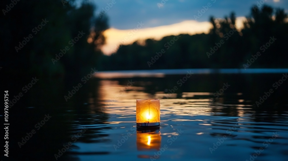 Glowing lantern softly illuminating the serene surface of a calm river at twilight Peaceful nature landscape scene with reflection trees and atmospheric sky Tranquil romantic Glowing lantern softly illuminating the serene surface of a calm river at twilight Peaceful nature landscape scene with reflection trees and atmospheric sky Tranquil romantic