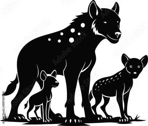 Hyena Family Silhouette Vector: Mother Hyena with Cubs, Wildlife Art, Black and White Animal Illustration, African Wildlife Graphic Design