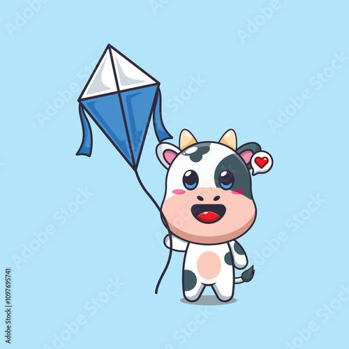 Cute cow playing kite cartoon vector illustration