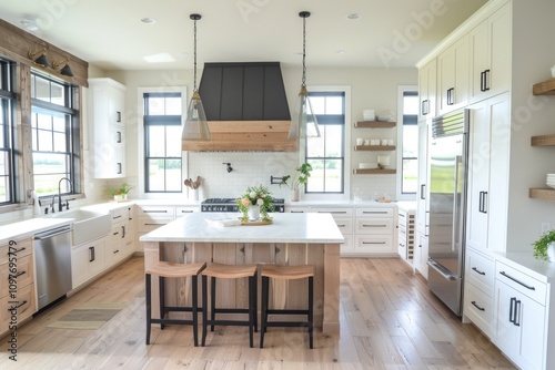 A bright farmhouse kitchen with white cabinets, a large island, and wood accents.