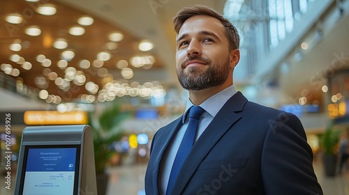 Worker using a kiosk to check workplace insurance benefits and coverage details Stock Photo with side copy space photo