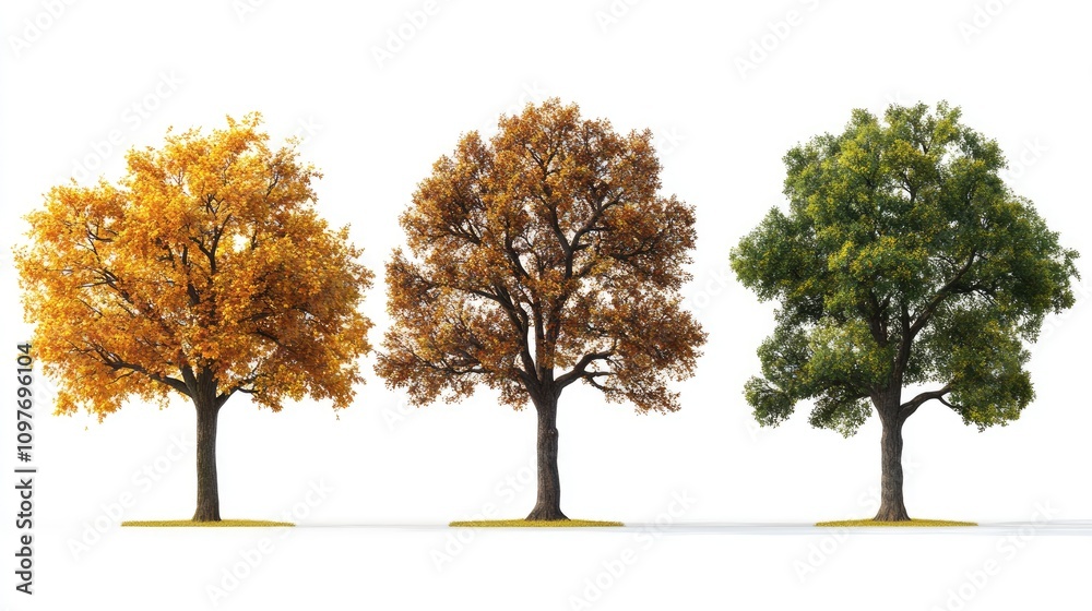 Three trees displayed in autumn, including vibrant orange, golden leaves, and a rich green tree, showcasing seasonal changes.