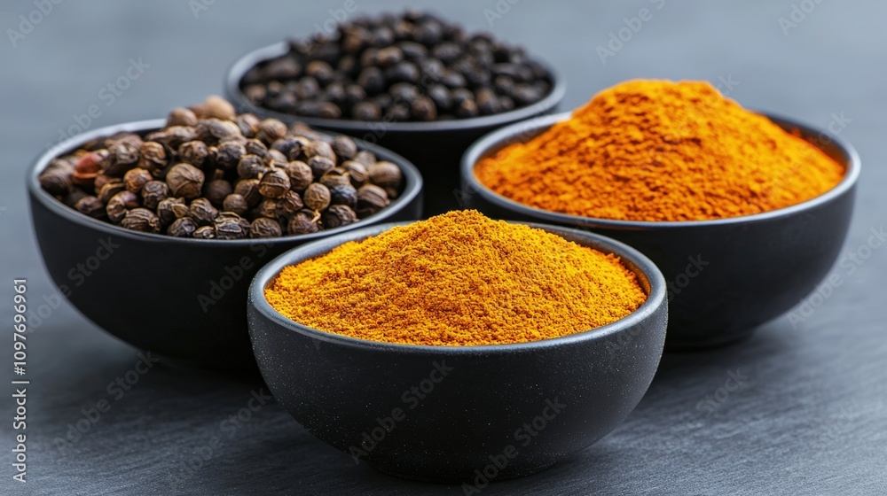 Aromatic Spices Turmeric Paprika Black Peppercorns in Bowls Aromatic Spices Turmeric Paprika Black Peppercorns in Bowls