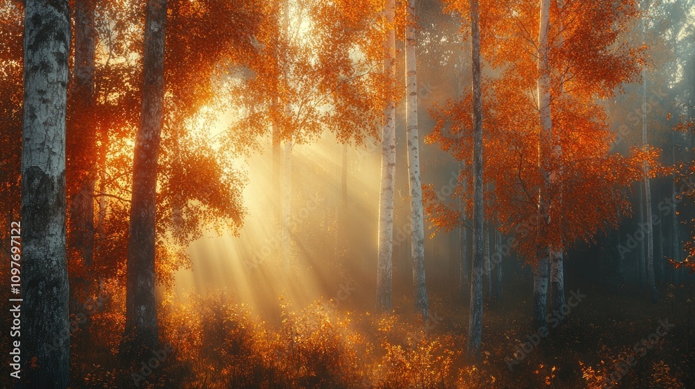 A serene autumn forest scene with golden light filtering through vibrant orange and yellow leaves. A serene autumn forest scene with golden light filtering through vibrant orange and yellow leaves.