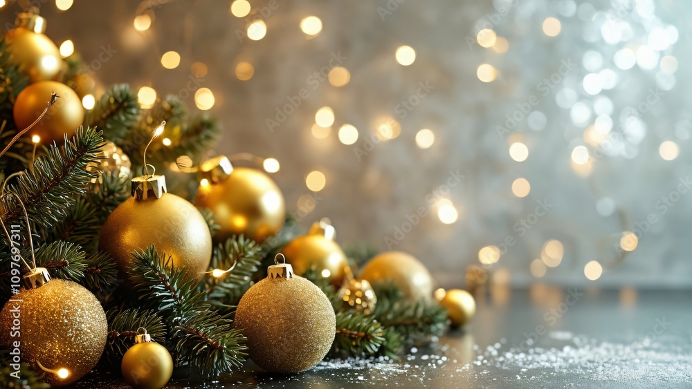 Fototapeta premium Elegant Golden Christmas Ornament Decor, Festive Bokeh Lights & Pine Branches
