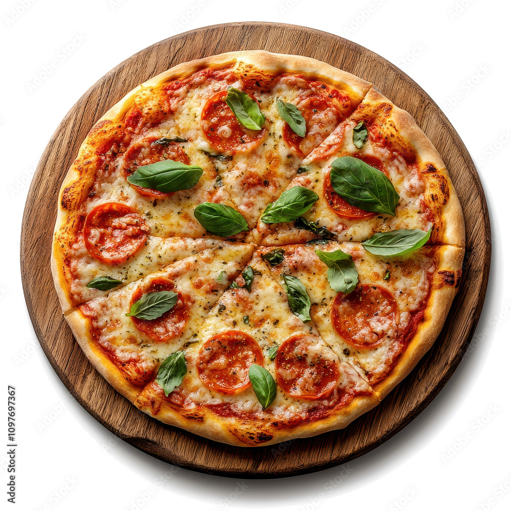 Freshly Baked Margherita Pizza with Mozzarella and Basil Leaves Freshly Baked Margherita Pizza with Mozzarella and Basil Leaves