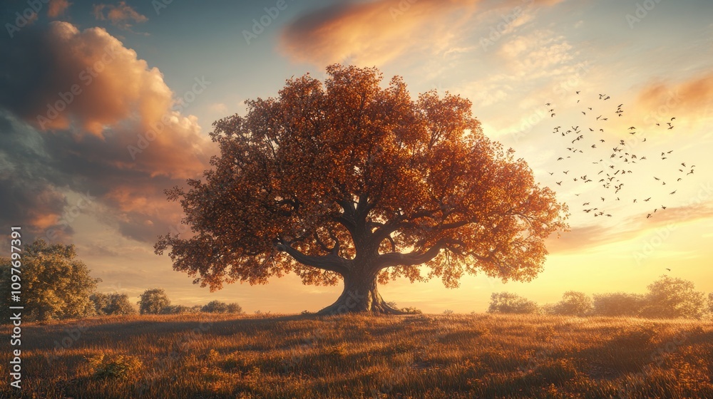 A majestic autumn tree stands alone in a golden meadow at sunset, surrounded by a flock of birds in flight. A majestic autumn tree stands alone in a golden meadow at sunset, surrounded by a flock of birds in flight.