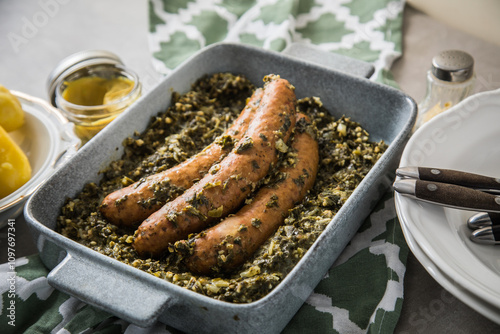 Oldenburger Grünkohl mit Pinkel Kohlwurst in Schale, Salzkartoffeln und Senf auf gedeckten grau Tisch mit grün Tuch, Teller, Besteck rustikal 