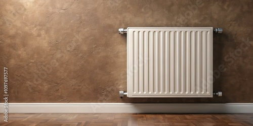 White Heating Radiator with Thermostat on Brown Wall - Central Heating System, Home Comfort, Minimalist Design, Energy Efficiency, Modern Interior, 3D Rendering, Copy Space Available photo