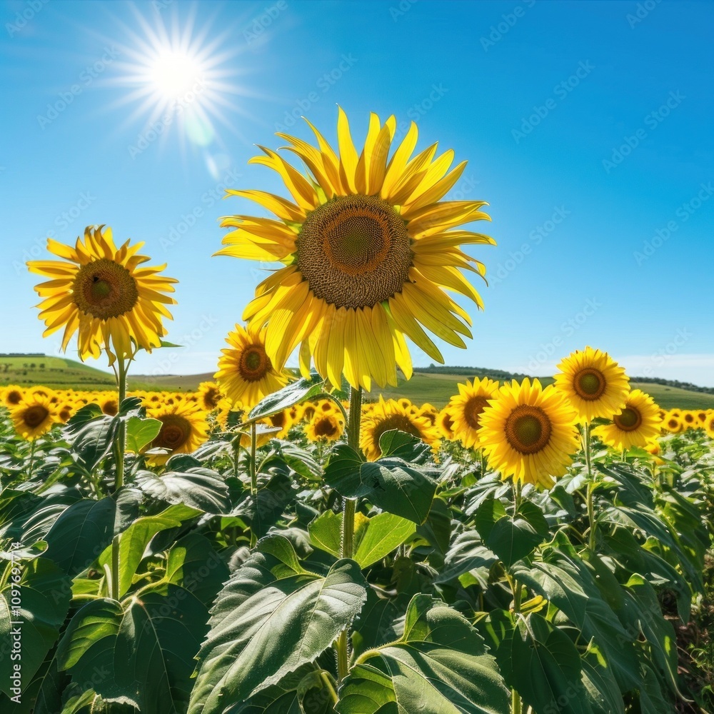 Fototapeta premium A blooming sunflower field under a clear blue sky
