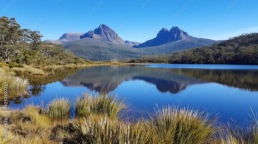 Serene and tranquil mountain lake with crystal clear reflections of the surrounding rugged majestic peaks and lush green foliage A captivating and natural landscape perfect for adventure travel Serene and tranquil mountain lake with crystal clear reflections of the surrounding rugged majestic peaks and lush green foliage A captivating and natural landscape perfect for adventure travel