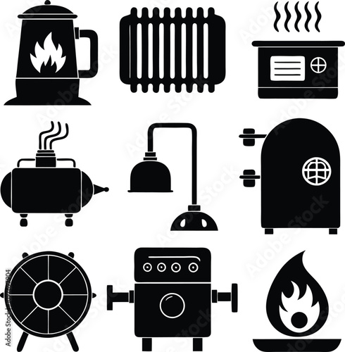 Set consistent heating equipment industry silhouette vector