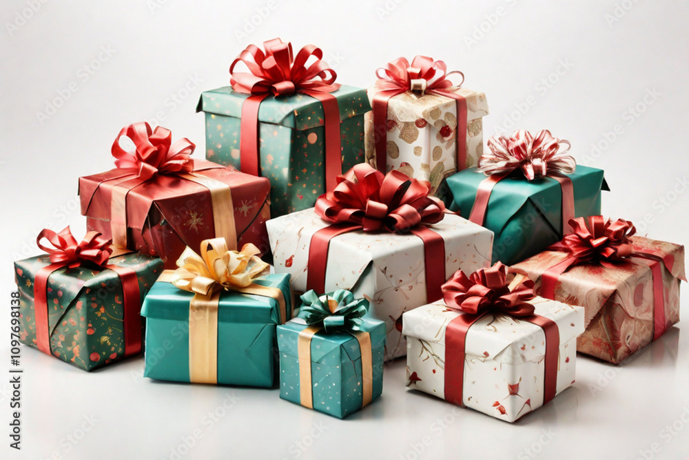 A collection of wrapped Christmas presents with bows. isolated on a white background A collection of wrapped Christmas presents with bows. isolated on a white background