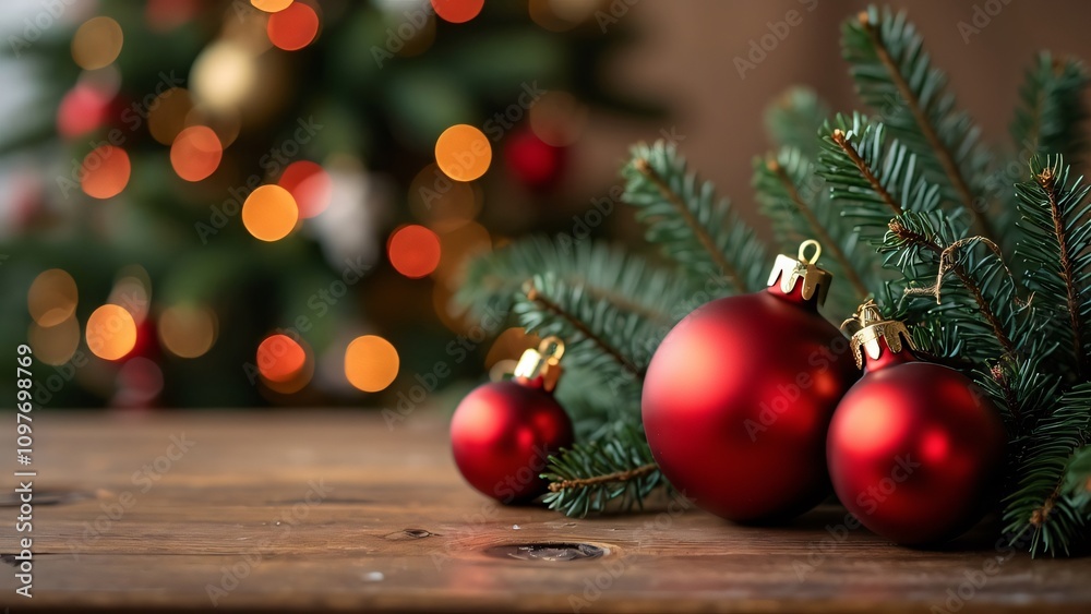 Shiny Red Christmas Ornaments on Wooden Table with Blurred Lights and Christmas Tree Shiny Red Christmas Ornaments on Wooden Table with Blurred Lights and Christmas Tree
