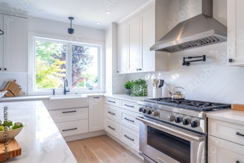 Bright, modern kitchen with white cabinets, stainless steel appliances, and a herringbone backsplash.