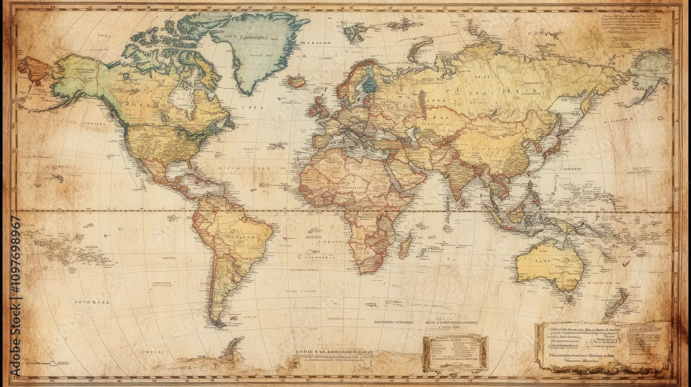An antique world map showcasing rich historical details and geographic features. An antique world map showcasing rich historical details and geographic features.