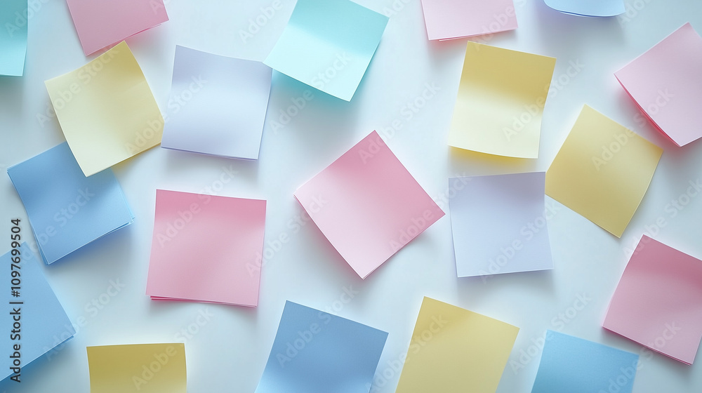 Sticky Note Post It Board Office. Business people meeting at office and use post it notes to share idea. Brainstorming concept. Sticky note on glass wall or blackboard. Set of colorful blank notes.