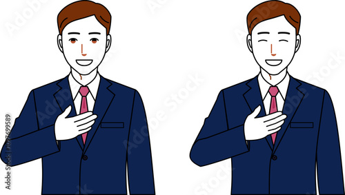 おまかせくださいと胸に手を当てる若い男性