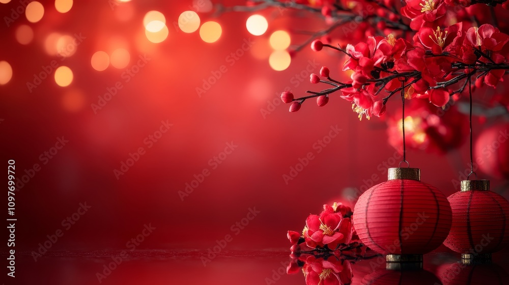 Red lanterns, orange and red flowers create a vibrant scene, ideal for Chinese New Year, festive events, or cultural themed designs. Red lanterns, orange and red flowers create a vibrant scene, ideal for Chinese New Year, festive events, or cultural themed designs.