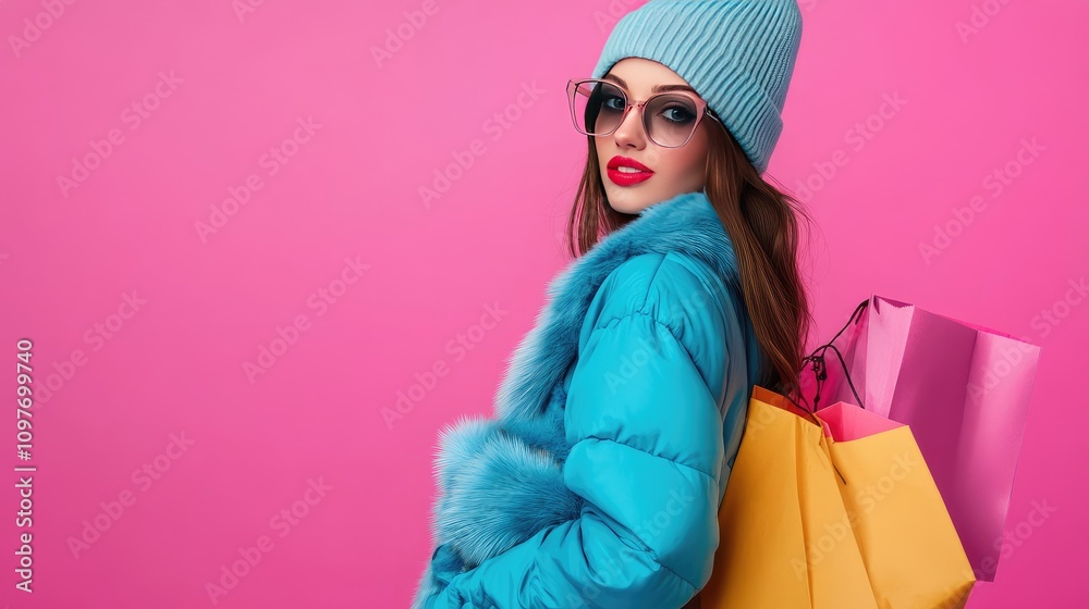 Stylish young woman in a blue coat and hat, flaunting vibrant shopping bags against a pink backdrop. Stylish young woman in a blue coat and hat, flaunting vibrant shopping bags against a pink backdrop.