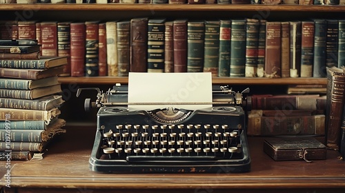 Vintage typewriter with a blank piece of paper sitting on a wooden desk surrounded by stacks of old books in a cozy study or library setting  This image evokes a sense of nostalgia academia