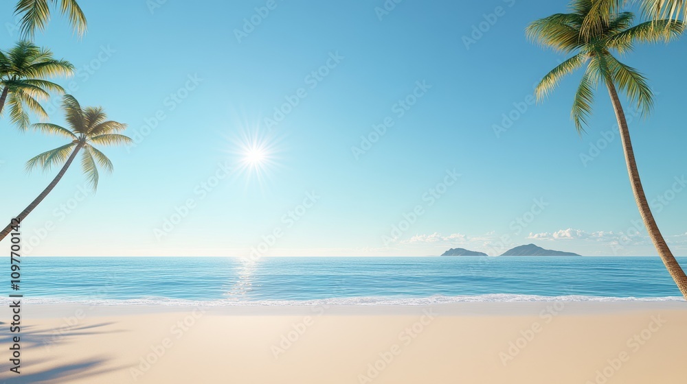 Fototapeta premium A beautiful beach with palm trees and a clear blue ocean