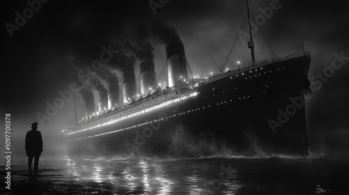 A lone figure observes a majestic ocean liner at night, shrouded in mist. photo