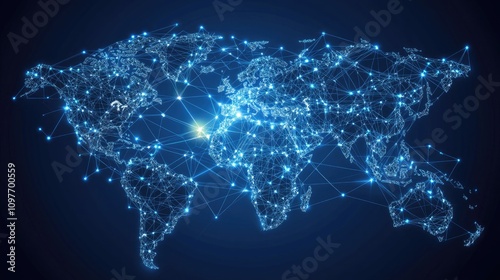 A digitally rendered world map showcasing interconnected networks in vibrant blue tones.