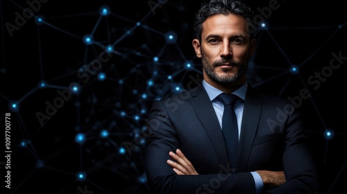 Confident businessman in sharp suit and tie with arms crossed, portrait of professional success