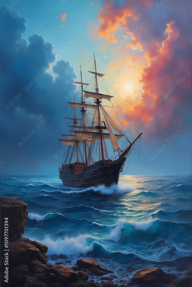 Fototapeta premium A painting of a ship near the sea, against the backdrop of an open sea, stormy