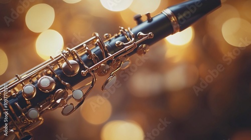 Close-up of a soprano saxophone against a bokeh background.