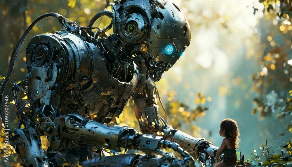 A massive robot gently interacts with a small child in a serene forest setting, creating a touching contrast between advanced technology and innocence amidst nature.. AI Generation A massive robot gently interacts with a small child in a serene forest setting, creating a touching contrast between advanced technology and innocence amidst nature.. AI Generation