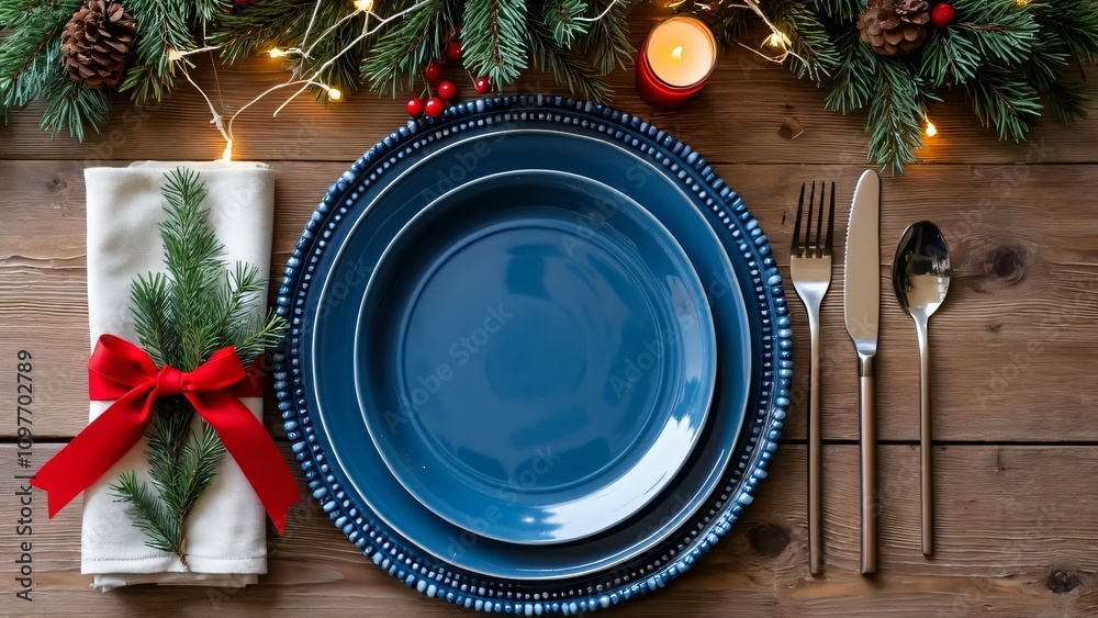 Festive Christmas Table Setting, Blue Plate, Red Bow, Pine