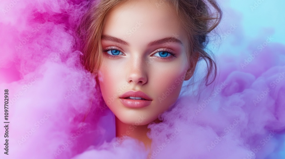 A woman with blue eyes and pink hair is surrounded by a cloud of purple smoke A woman with blue eyes and pink hair is surrounded by a cloud of purple smoke