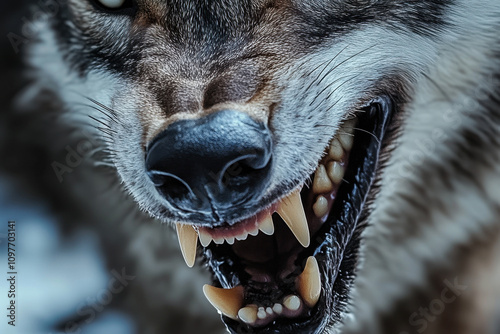 The open jaws of a snarling hungry wild wolf photo