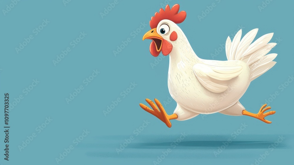 A cartoon chicken happily running on a blue background, showcasing a playful and lively character. A cartoon chicken happily running on a blue background, showcasing a playful and lively character.